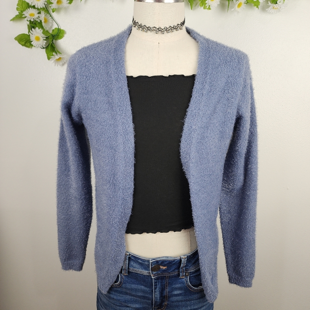 Haute Monde Cardigan Sweater - Soft Fuzzy Open Front — Dusty Blue - Sz Medium